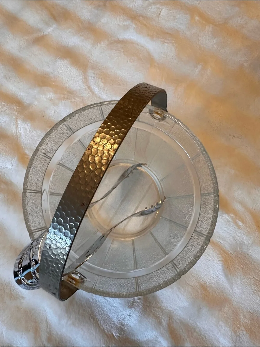 Vintage Textured Glass Ice Bucket with Metal Handle & Tongs